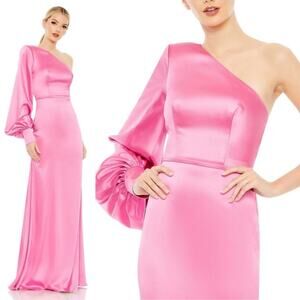 IEENA FOR MAC DUGGAL 26712 One Shoulder Bishop Sleeve Trumpet Gown Pink 0 NEW